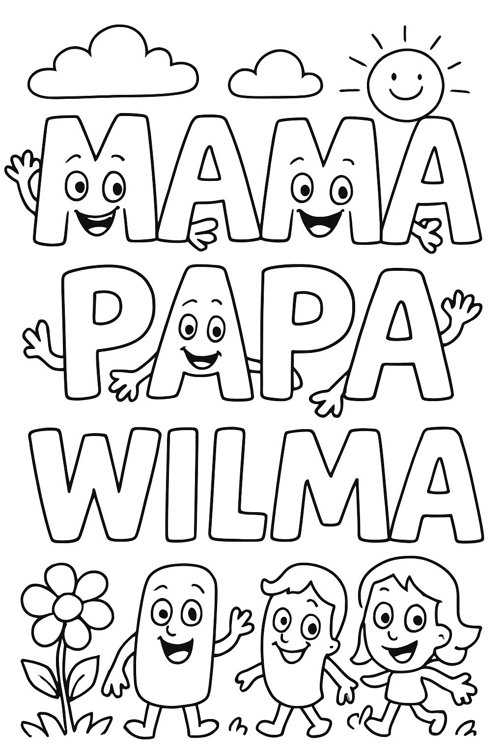Grandes letras divertidas que mamá, papá y Wilma escriben