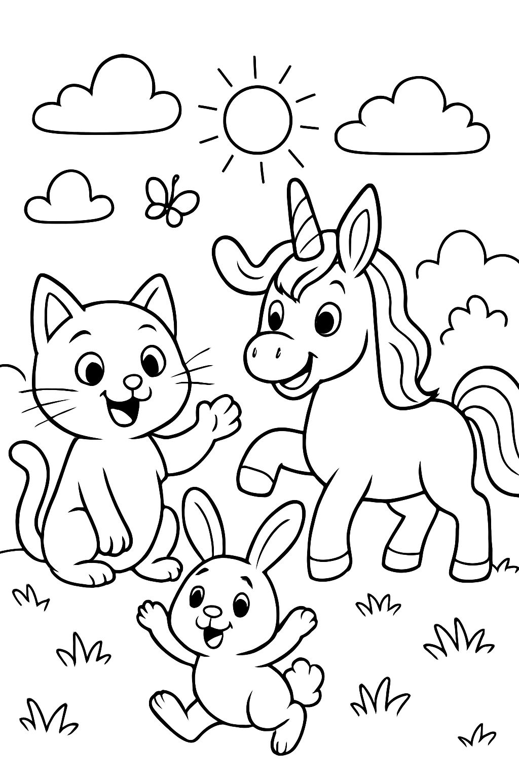 Eine Katze mit einem Hasen und einem Einhorn