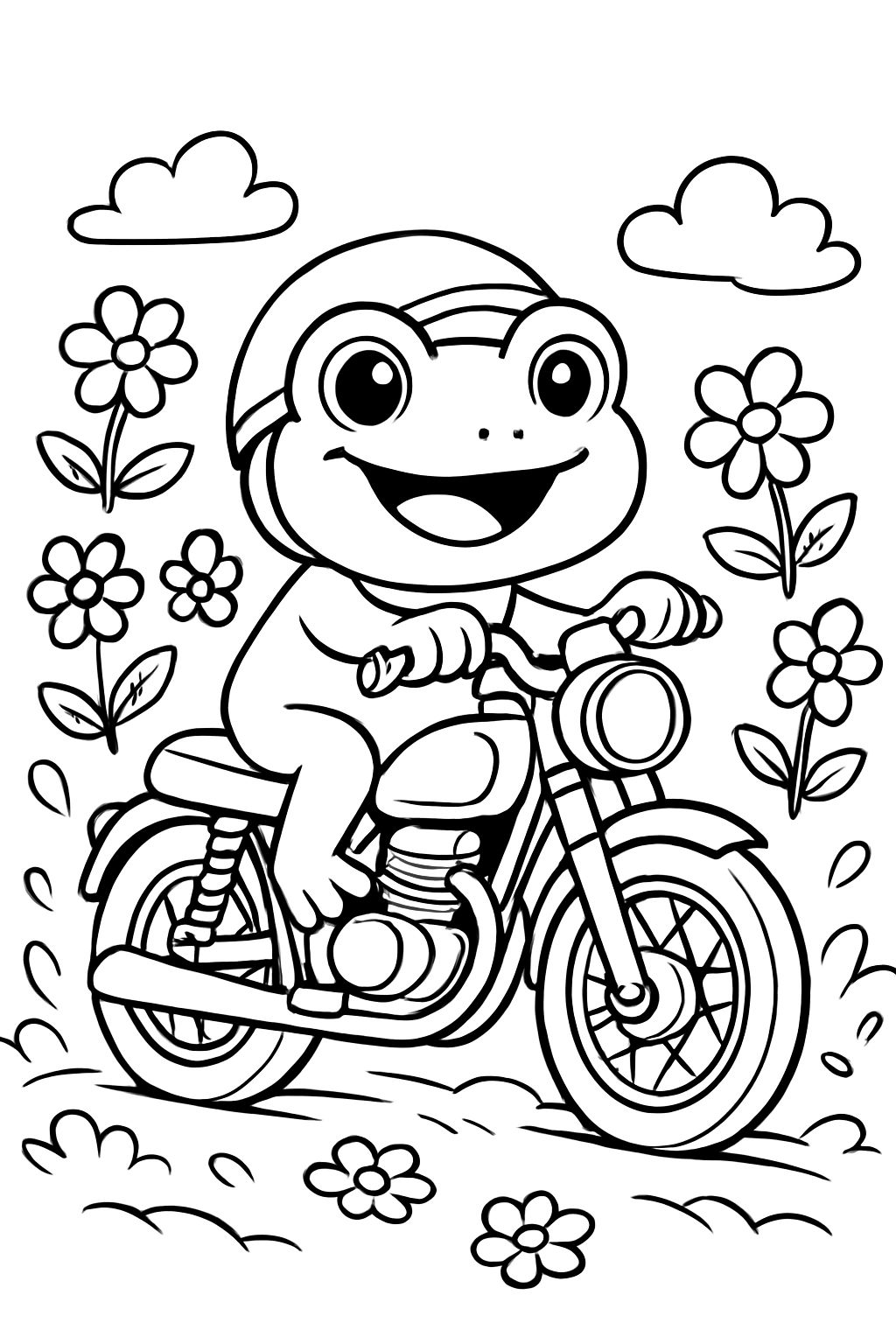 kawaii frog on a motorcycle with flowers