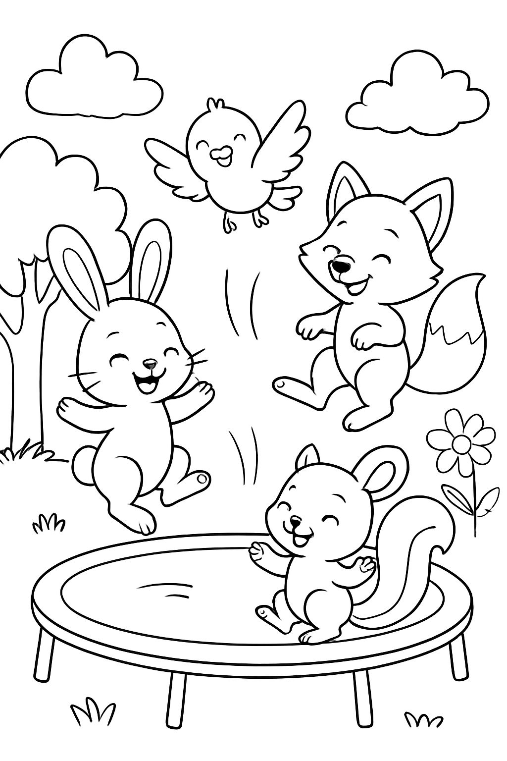 Frühlingstiere, die auf einem Trampolin hüpfen