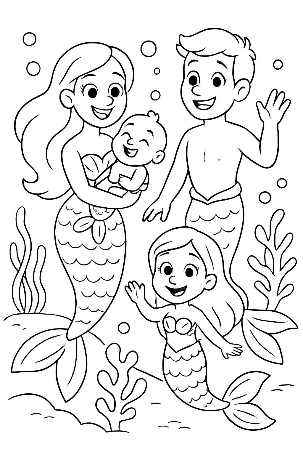 mermaid family with mom with baby with dad and big sister all have fins