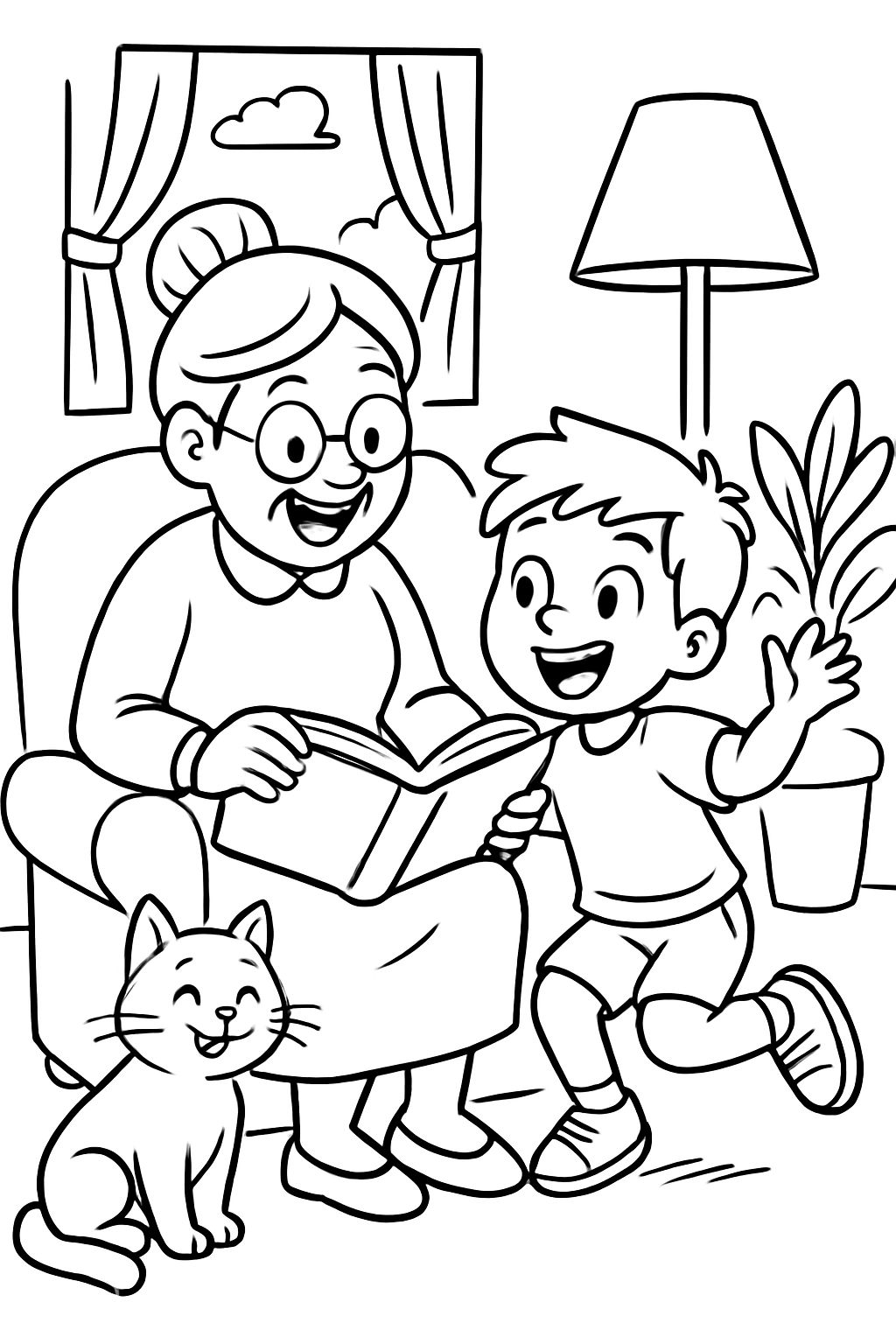 grandma, a cat and grandson reading