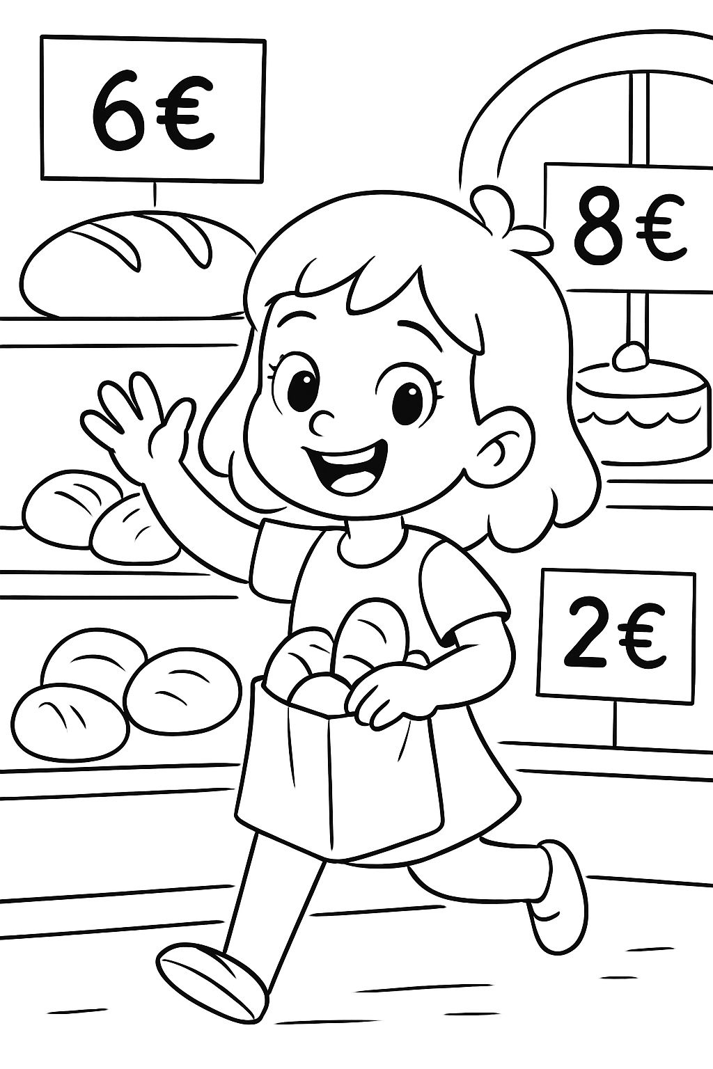 a girl in a bakery: The roll bag costs 2 euros, the bread 6 euros, the cake 8 euros. The prices should be visible on signs with the products. a girl in a bakery: The roll bag costs 2 euros, the bread 6 euros, the cake 8 euros. The prices should be visible on signs with the products.