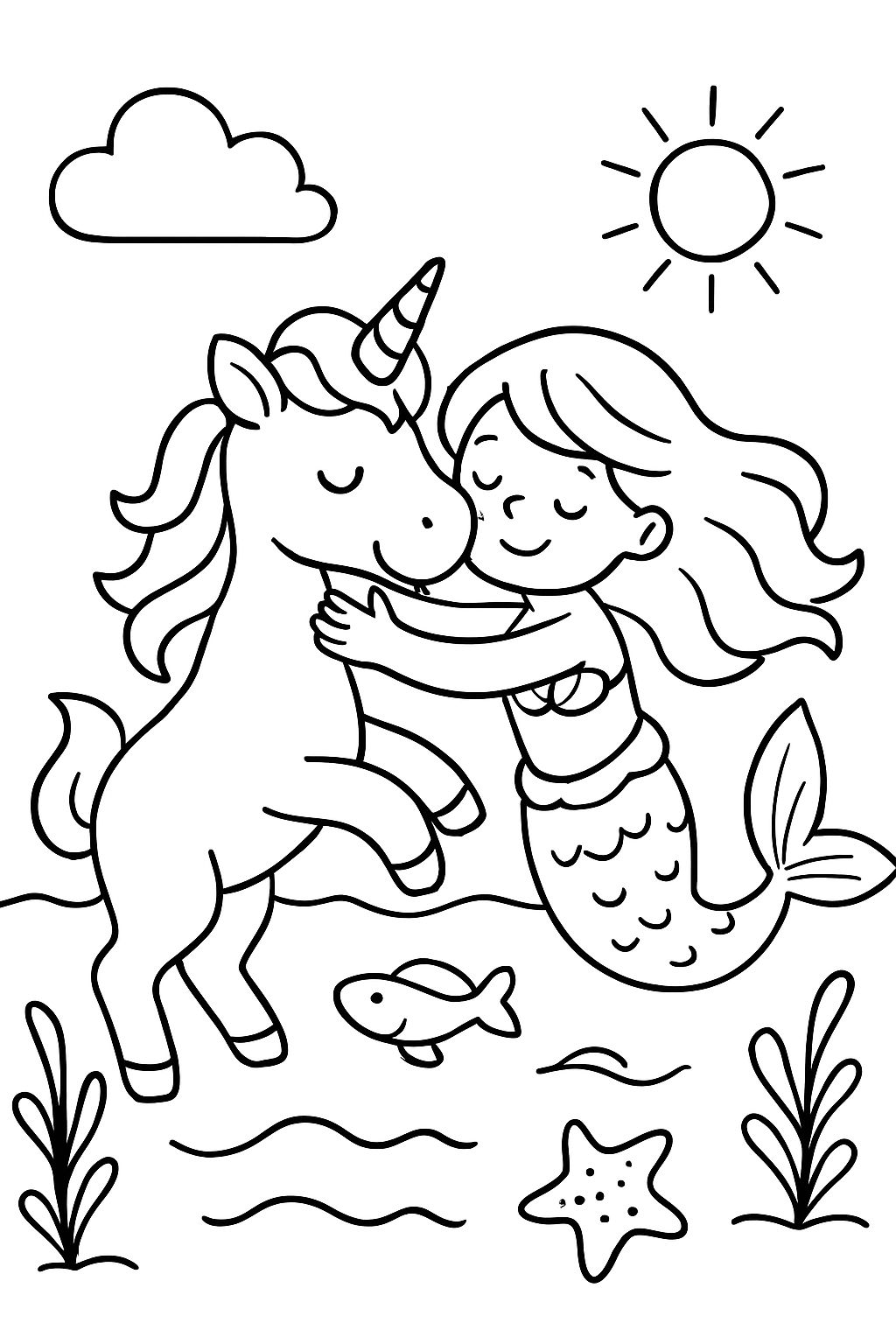 A unicorn swimming and hugging a mermaid