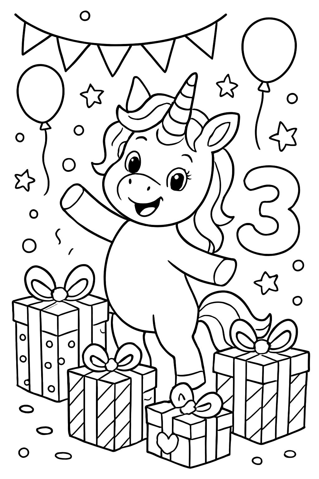 unicórnio 3º aniversário muitos presentes