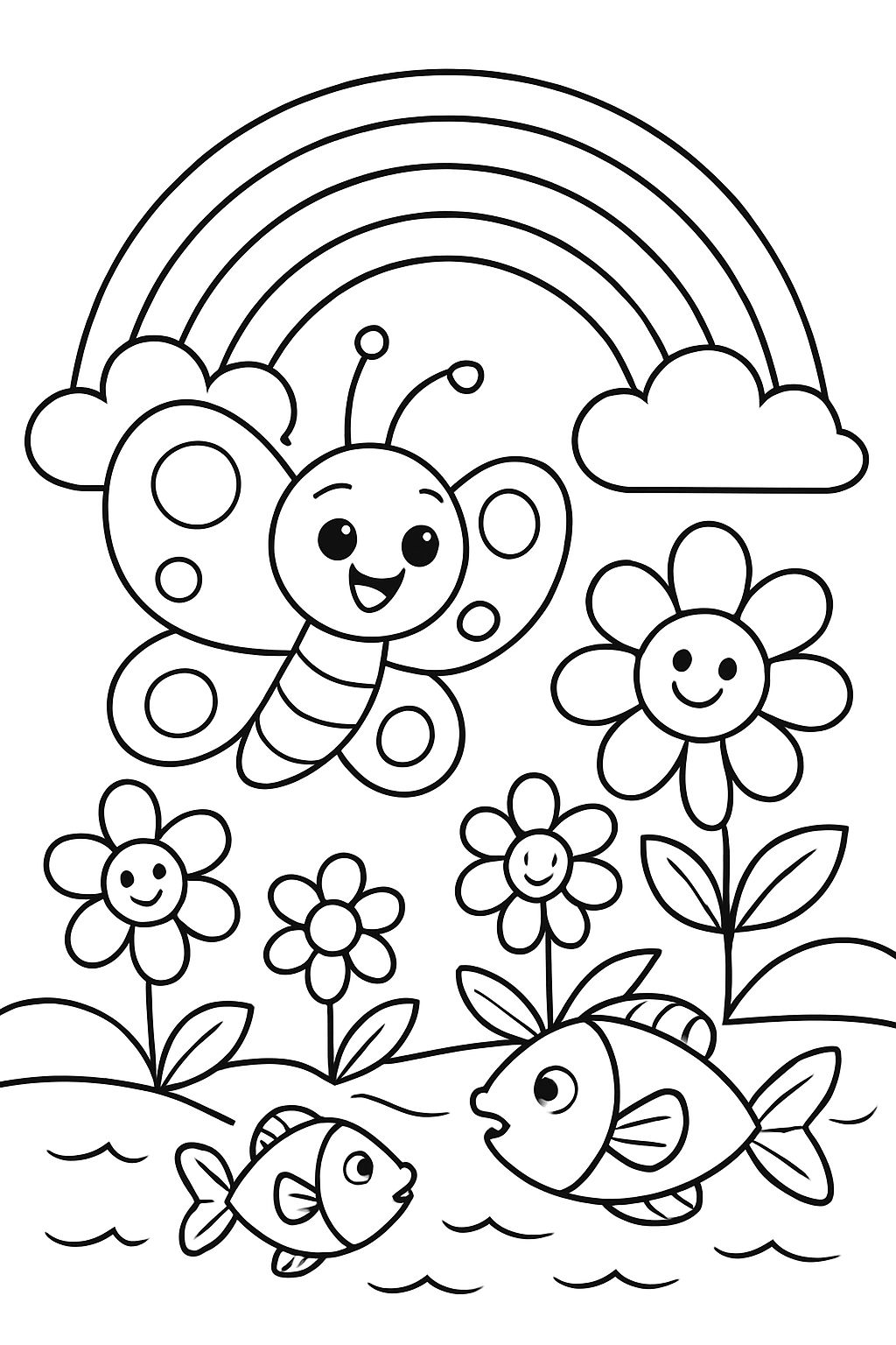 Papillon arc-en-ciel et fleurs et poissons Papillon arc-en-ciel et fleurs et poissons