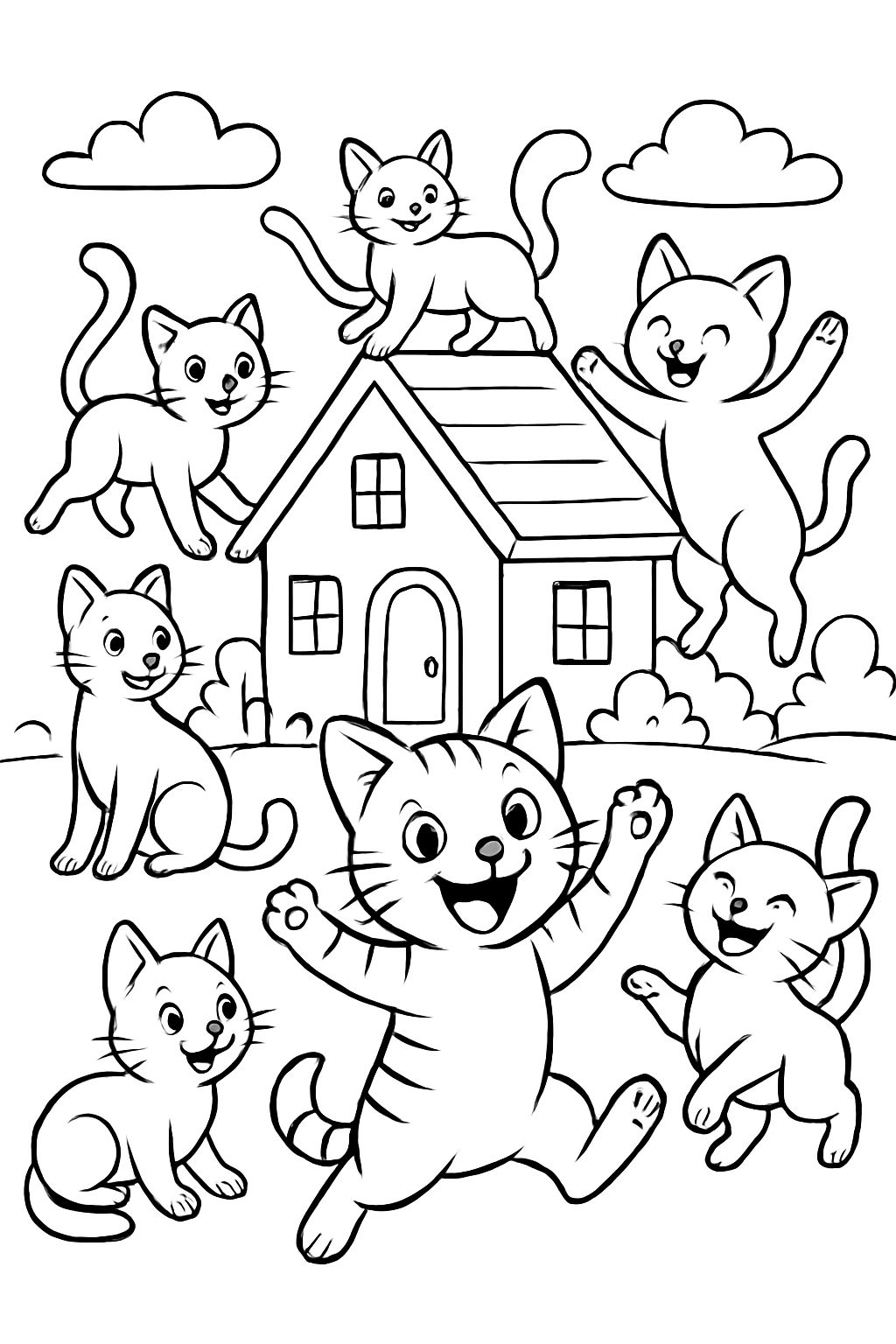 Viele Katzen mit Haus