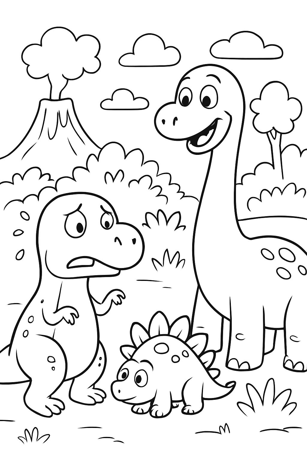 T-rex anxieux et brontosaurus fort amis avec stégosaure caché dans les buissons T-rex anxieux et brontosaurus fort amis avec stégosaure caché dans les buissons