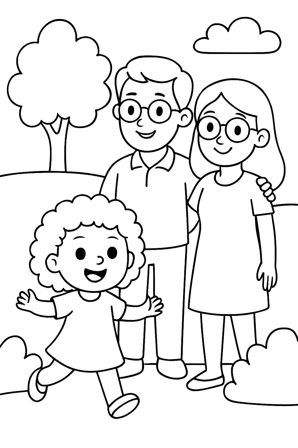 une petite fille avec des cheveux bouclés, un père et une mère avec des lunettes