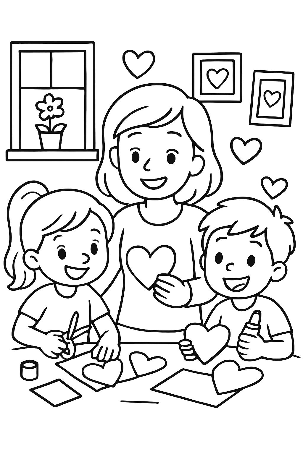 Children crafting hearts with teacher