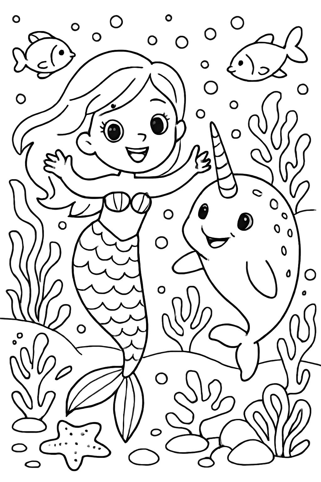 Une sirène avec un narval et de nombreux détails sous l'eau.