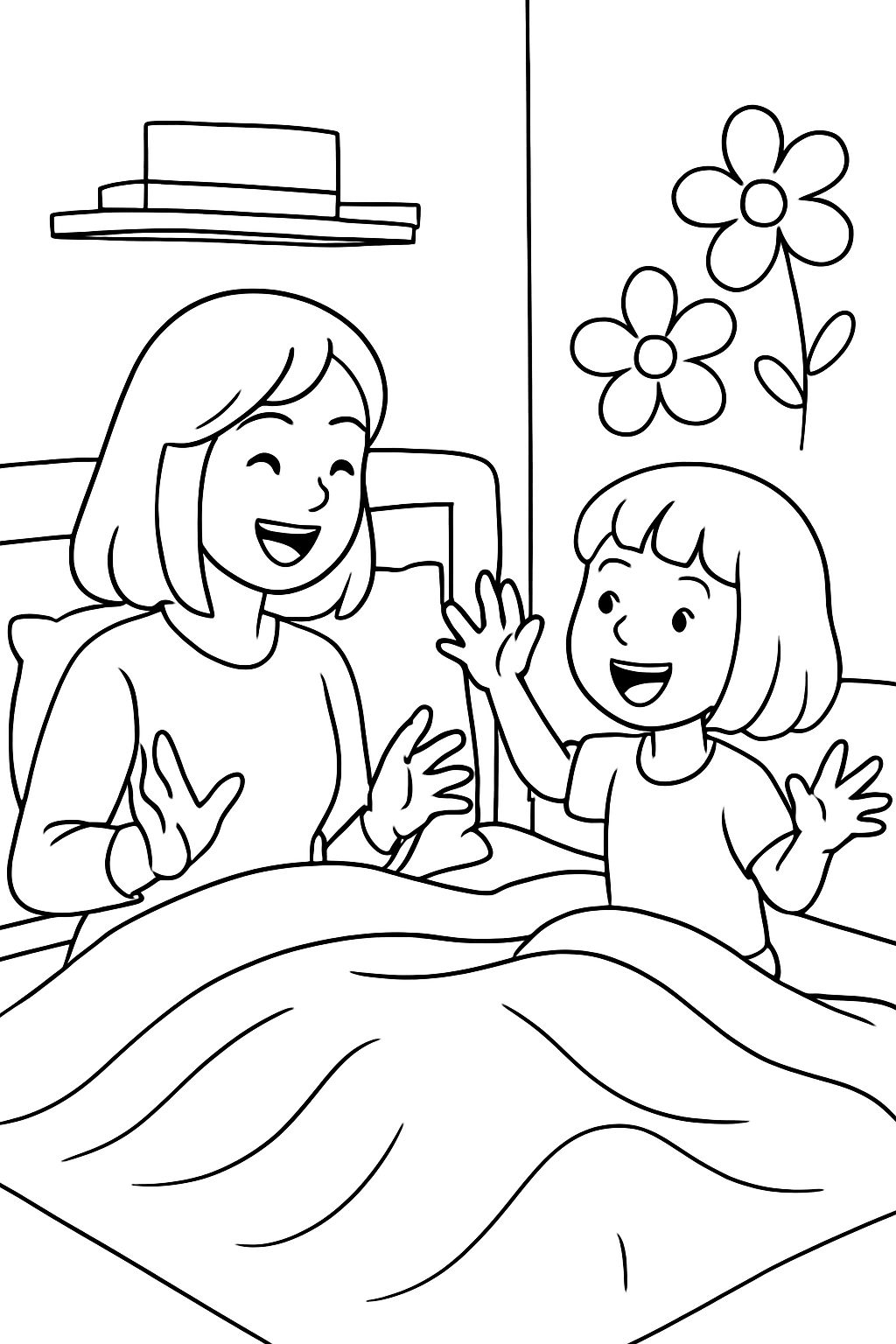 Eine Mama und ein Kind das Kind hat einen Bob und die Mama einen langen Bob. Also das ist die Haarfrisur und die liegen in einem Doppelbett und rechts an der Wand sind so zwei Plüschblumen und über den Kissen oben am Kopf hängen noch zwei Regale.