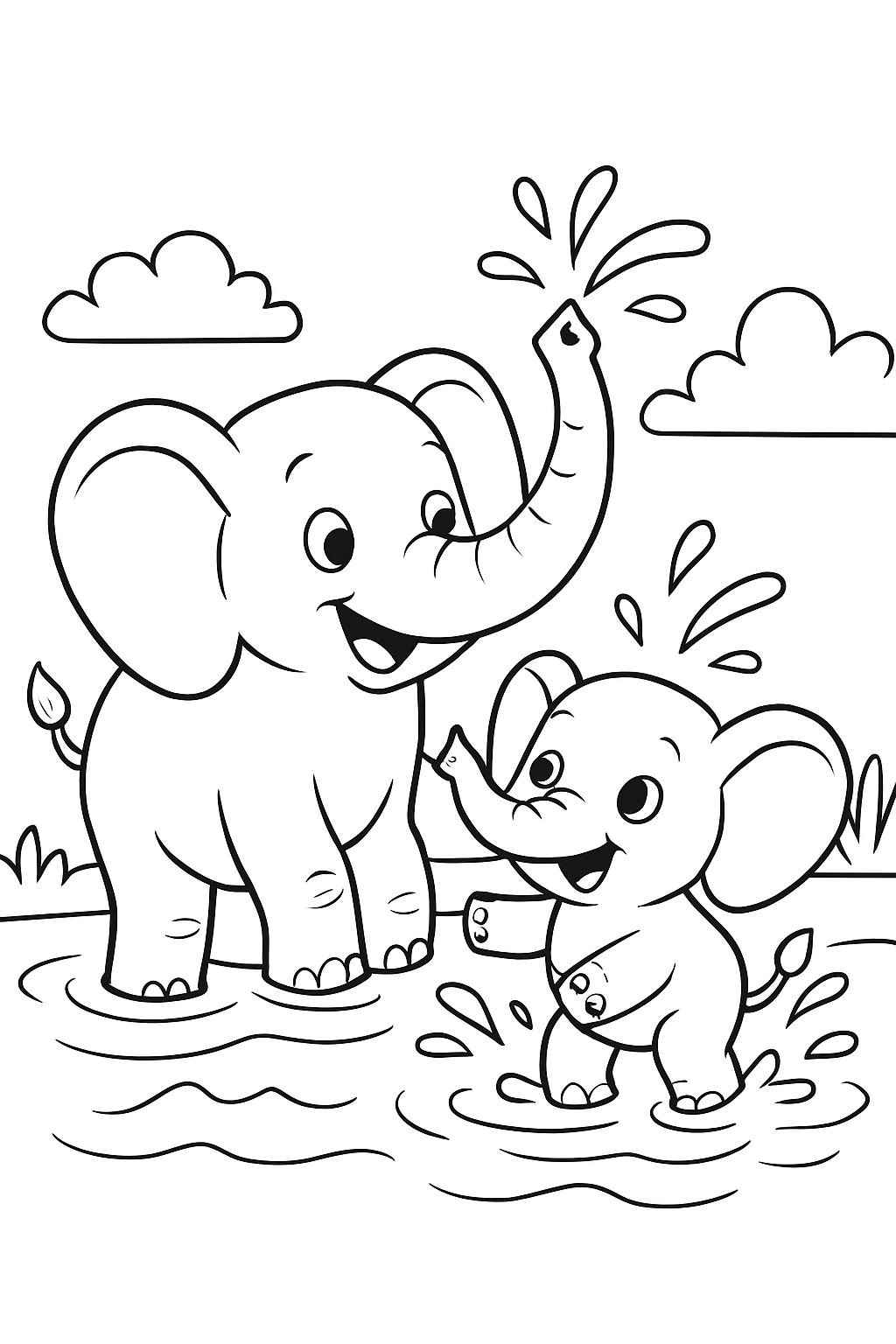 Elephant with its baby playing in the water