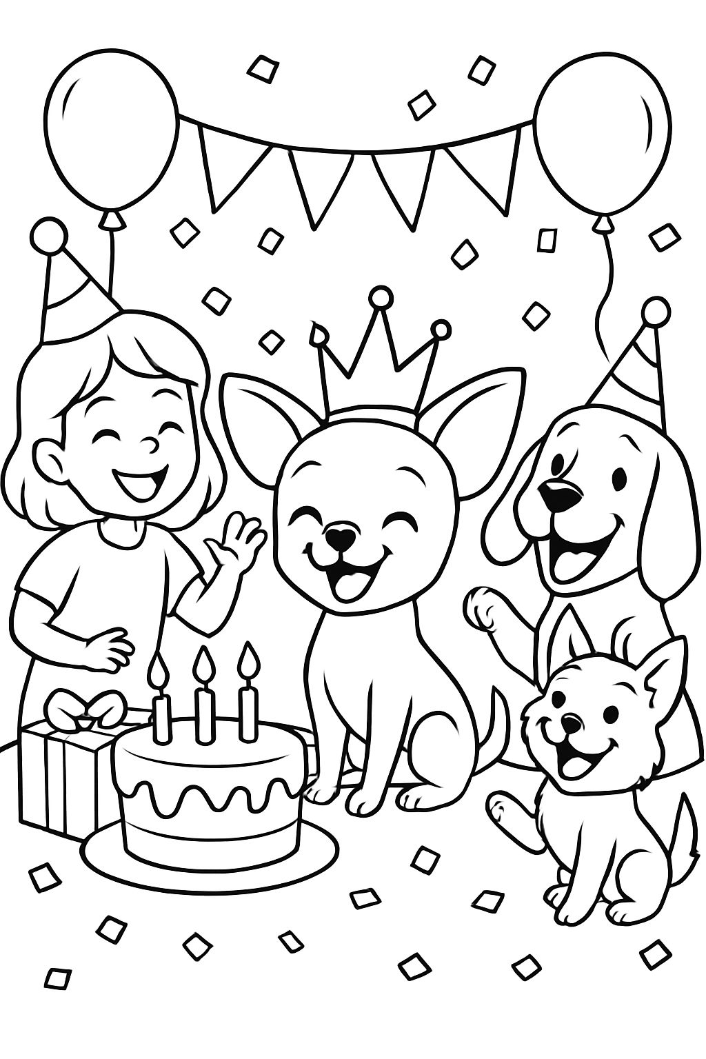 Fête d'anniversaire d'un chihuahua avec des invités humains et des chiens, le chihuahua porte une couronne.
