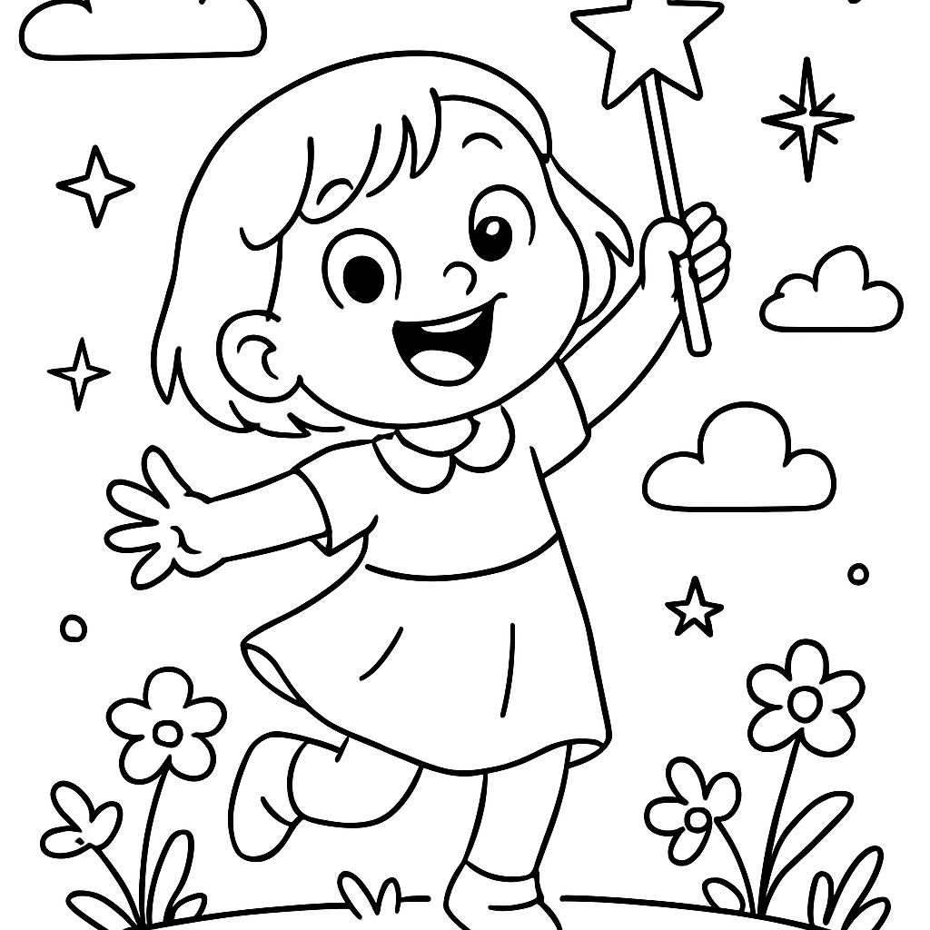 Uma menina pequena com cabelo curto que tem uma varinha mágica. Uma menina pequena com cabelo curto que tem uma varinha mágica.