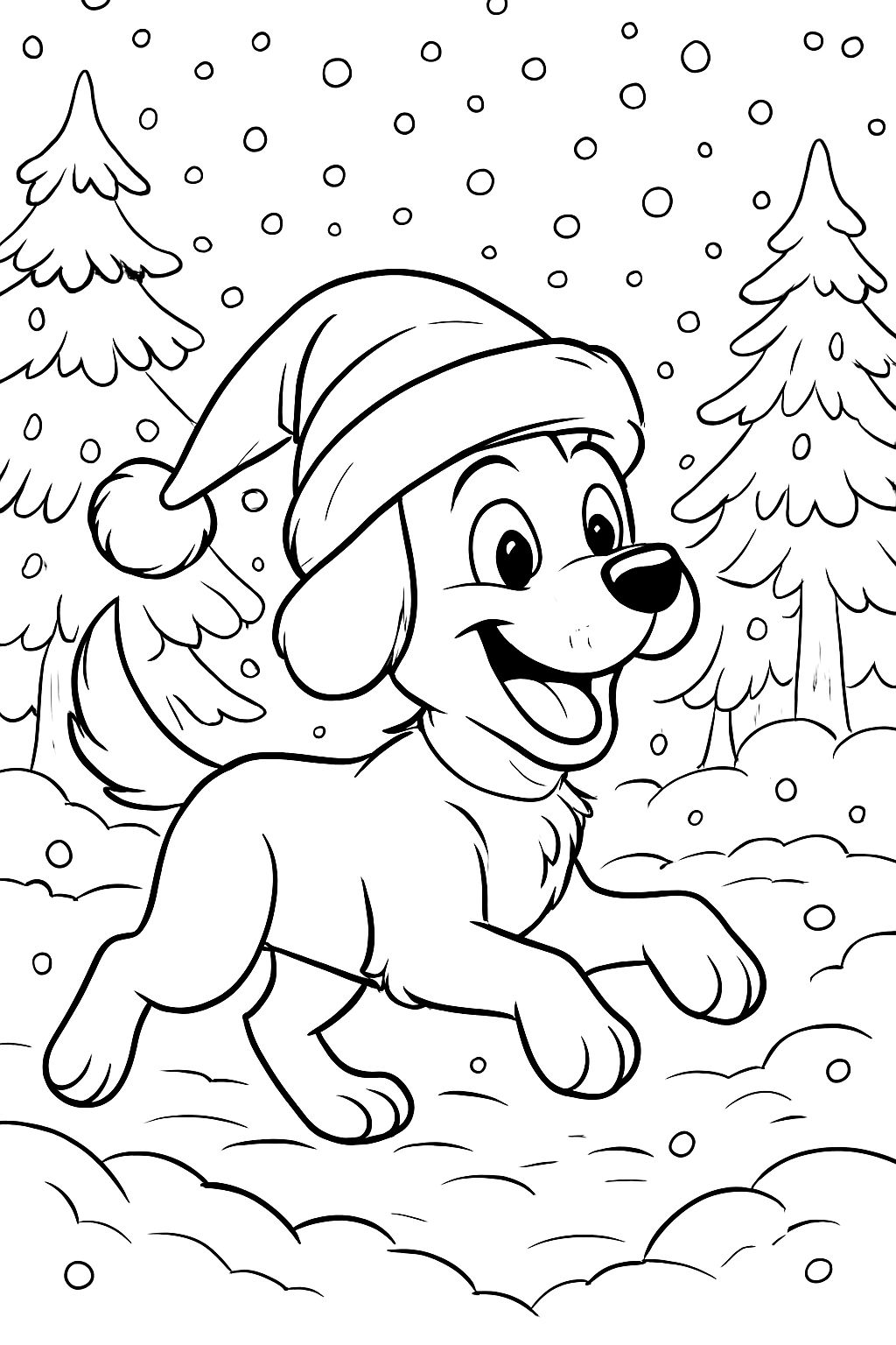 una imagen navideña donde debe haber un perro con un gorro de Navidad, la imagen debe estar en el bosque y debe estar nevando una imagen navideña donde debe haber un perro con un gorro de Navidad, la imagen debe estar en el bosque y debe estar nevando