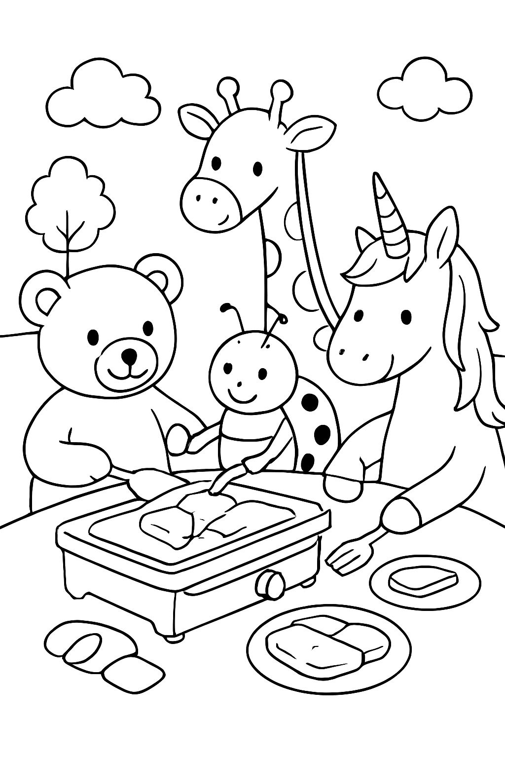 A teddy bear, a giraffe, a ladybug, and a unicorn are eating raclette. A teddy bear, a giraffe, a ladybug, and a unicorn are eating raclette.