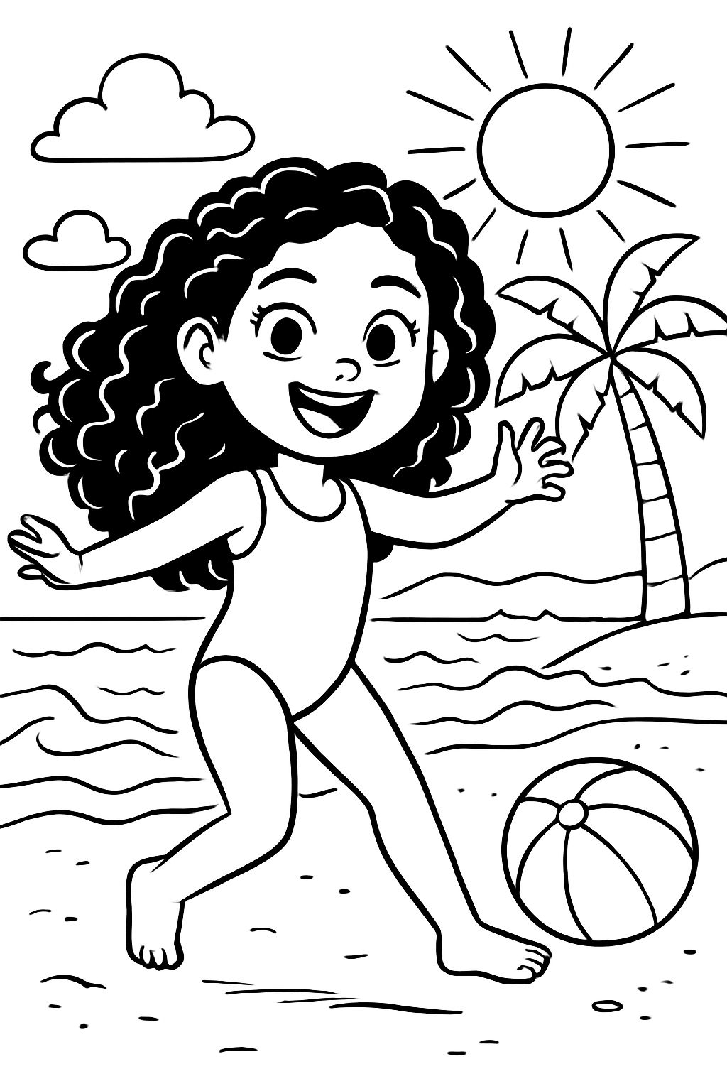 une fille moitié latine, moitié philippine avec de longs cheveux bouclés sur la plage