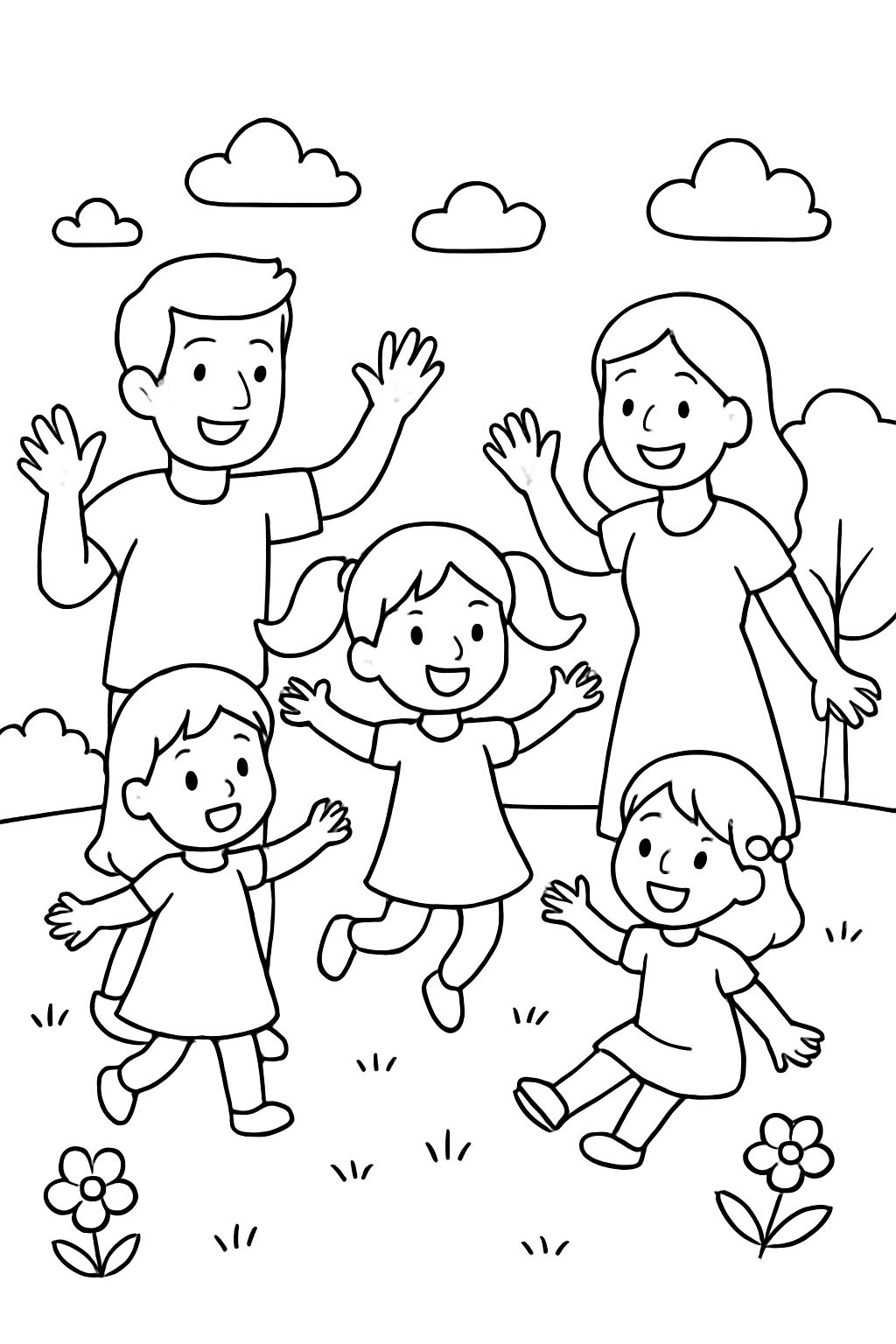 Família com 3 filhas brincando felizes.