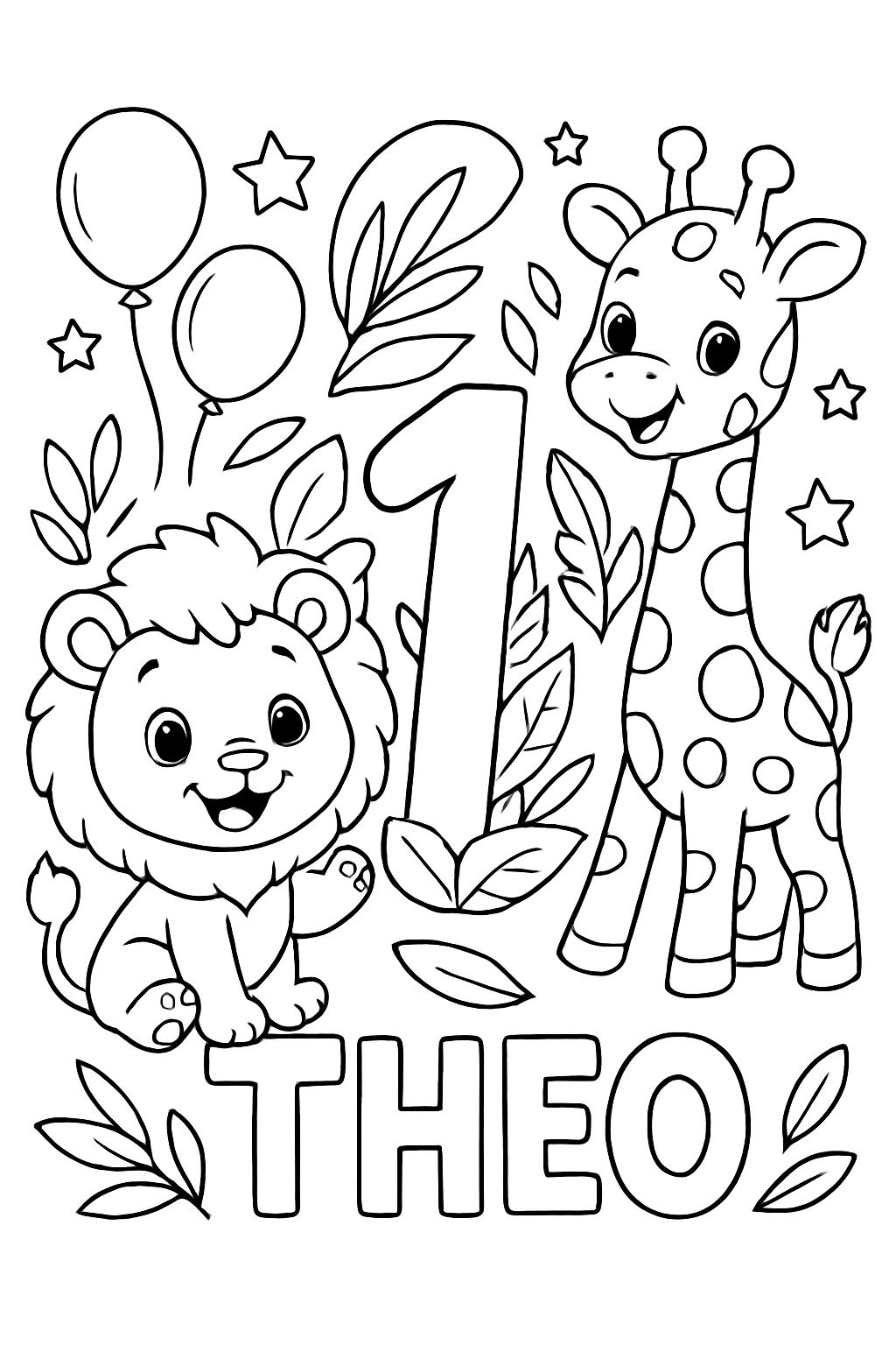 imagem de colorir de aniversário simples para um bebê. Um lindo filhote de leão e uma filhote de girafa estão comemorando juntos. No centro, há um enorme número "1" decorado com folhas de selva. O grande texto fácil de colorir diz "Theo". Arte de linha de alta qualidade, contornos negros grossos, fundo completamente branco, sem gradientes ou sombras. imagem de colorir de aniversário simples para um bebê. Um lindo filhote de leão e uma filhote de girafa estão comemorando juntos. No centro, há um enorme número "1" decorado com folhas de selva. O grande texto fácil de colorir diz "Theo". Arte de linha de alta qualidade, contornos negros grossos, fundo completamente branco, sem gradientes ou sombras.