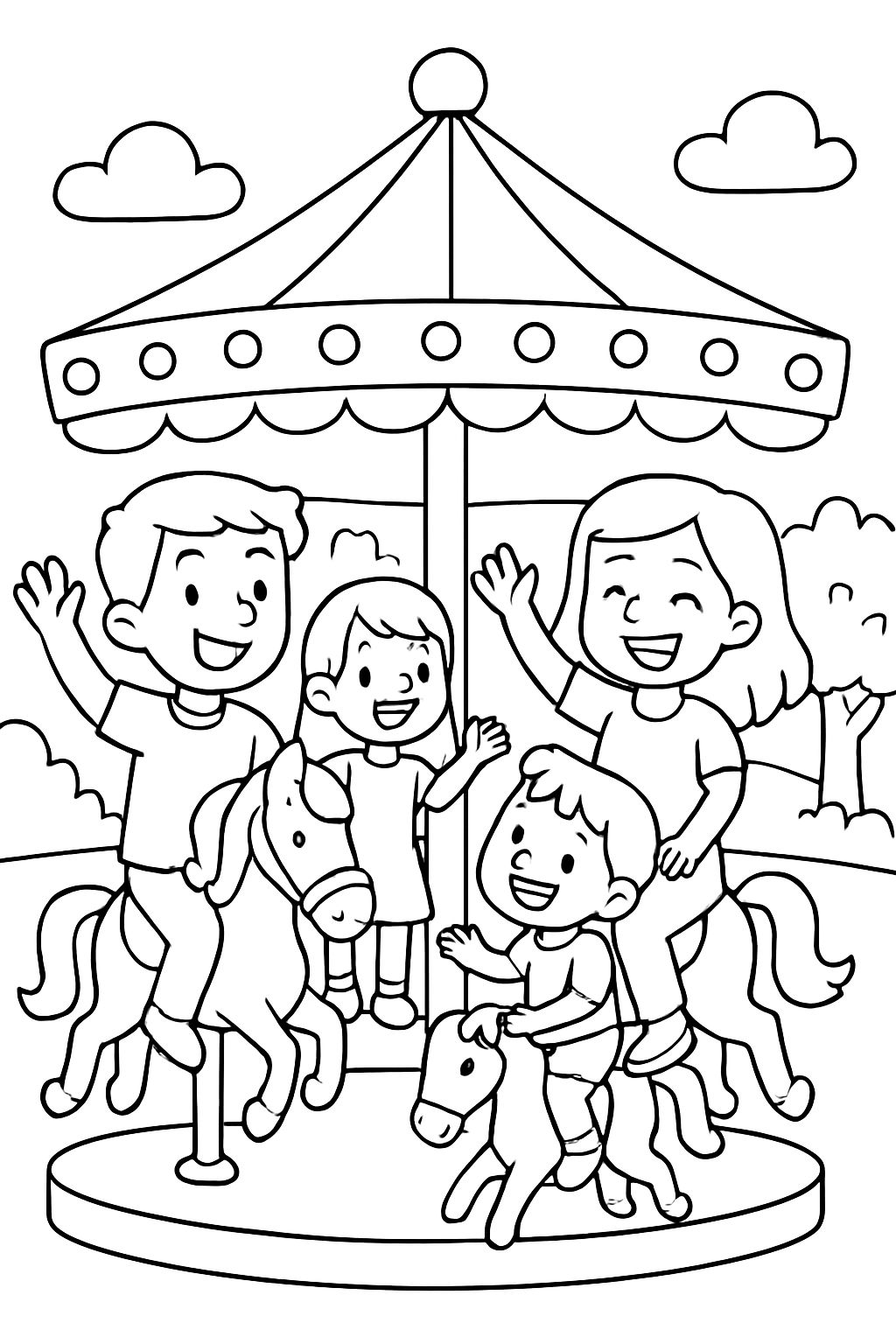 Mom, Dad, older sister and younger brother on a carousel