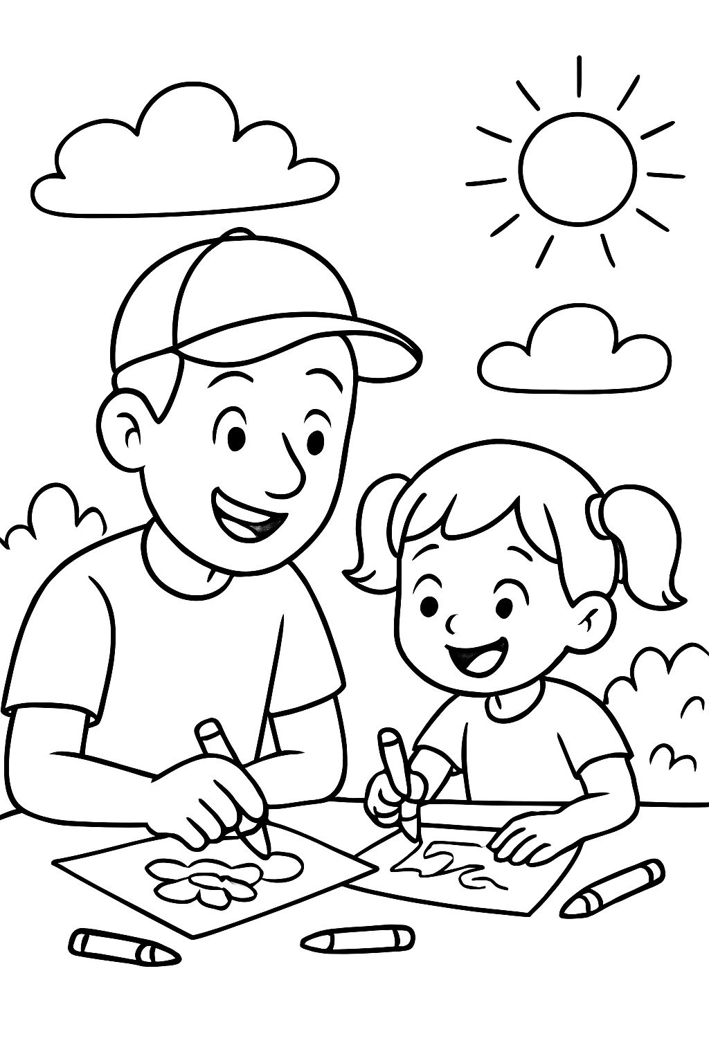 Pai com um boné de beisebol colorindo com sua filha de 3 anos. Pai com um boné de beisebol colorindo com sua filha de 3 anos.