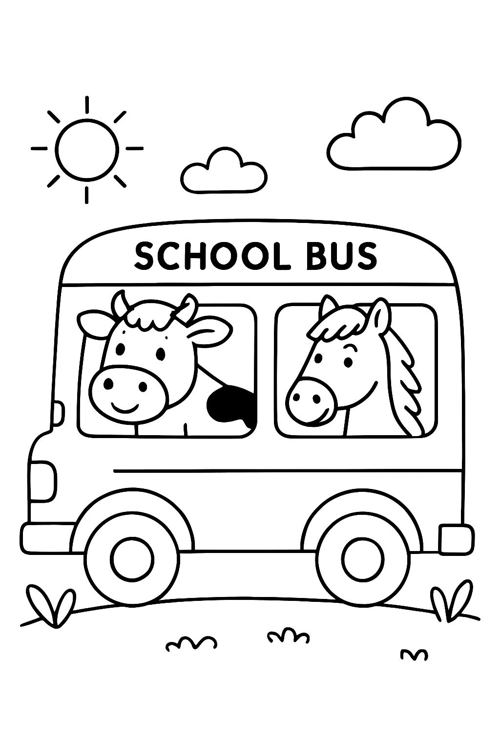 a cow and horse on a school bus
