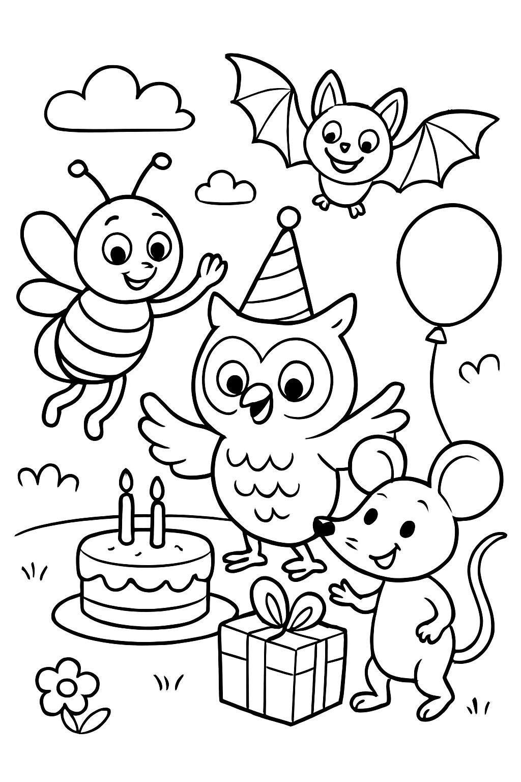a bee, a bat, an owl, a lizard, and a mouse celebrating birthday