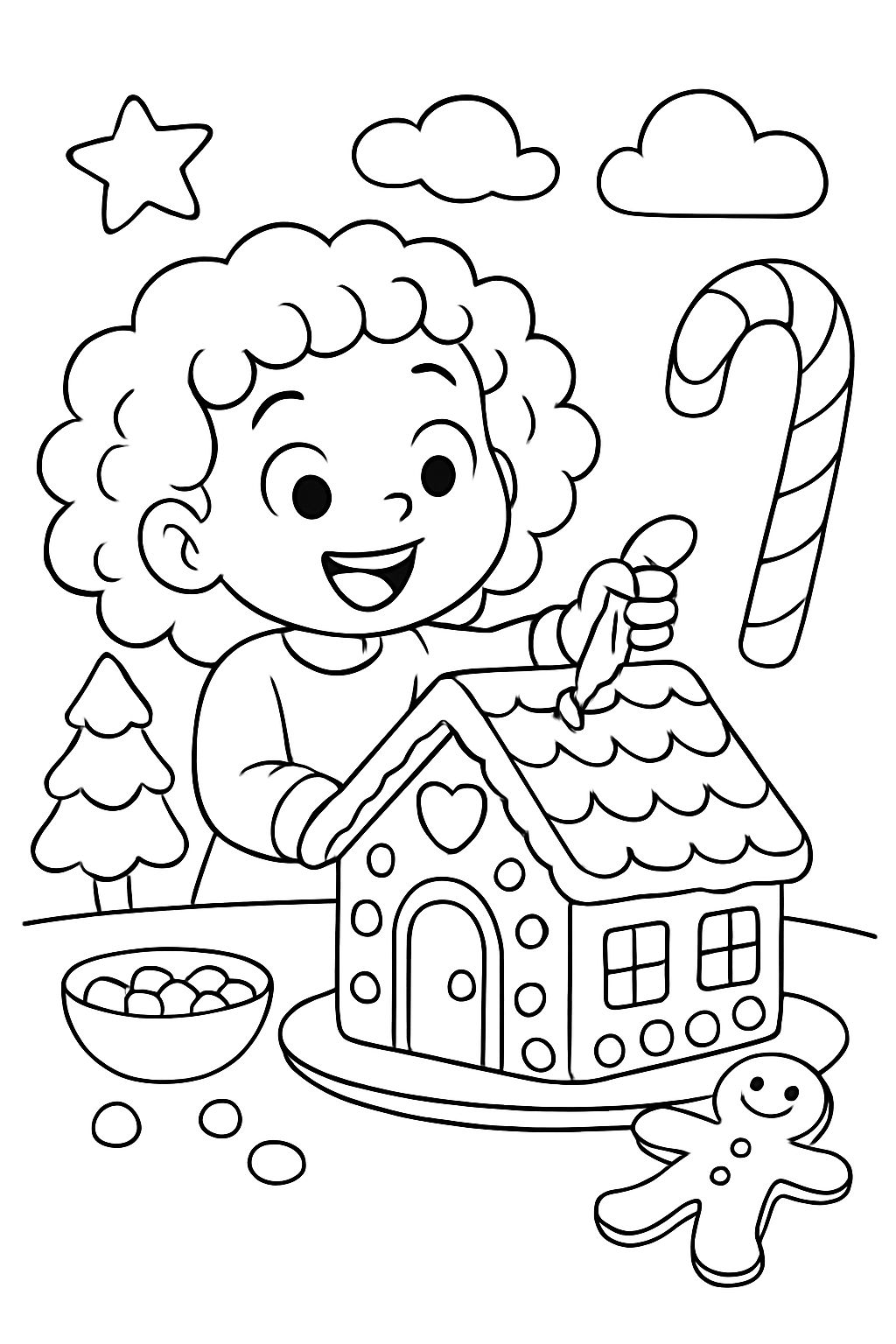 menina de 3 anos com cabelo cacheado decorando uma casa de gengibre