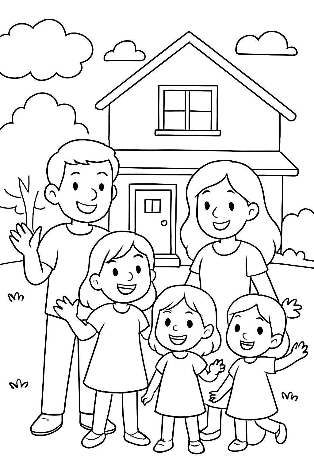 Uma família de 5 com mamãe, papai e todas as meninas na frente de uma casa.
