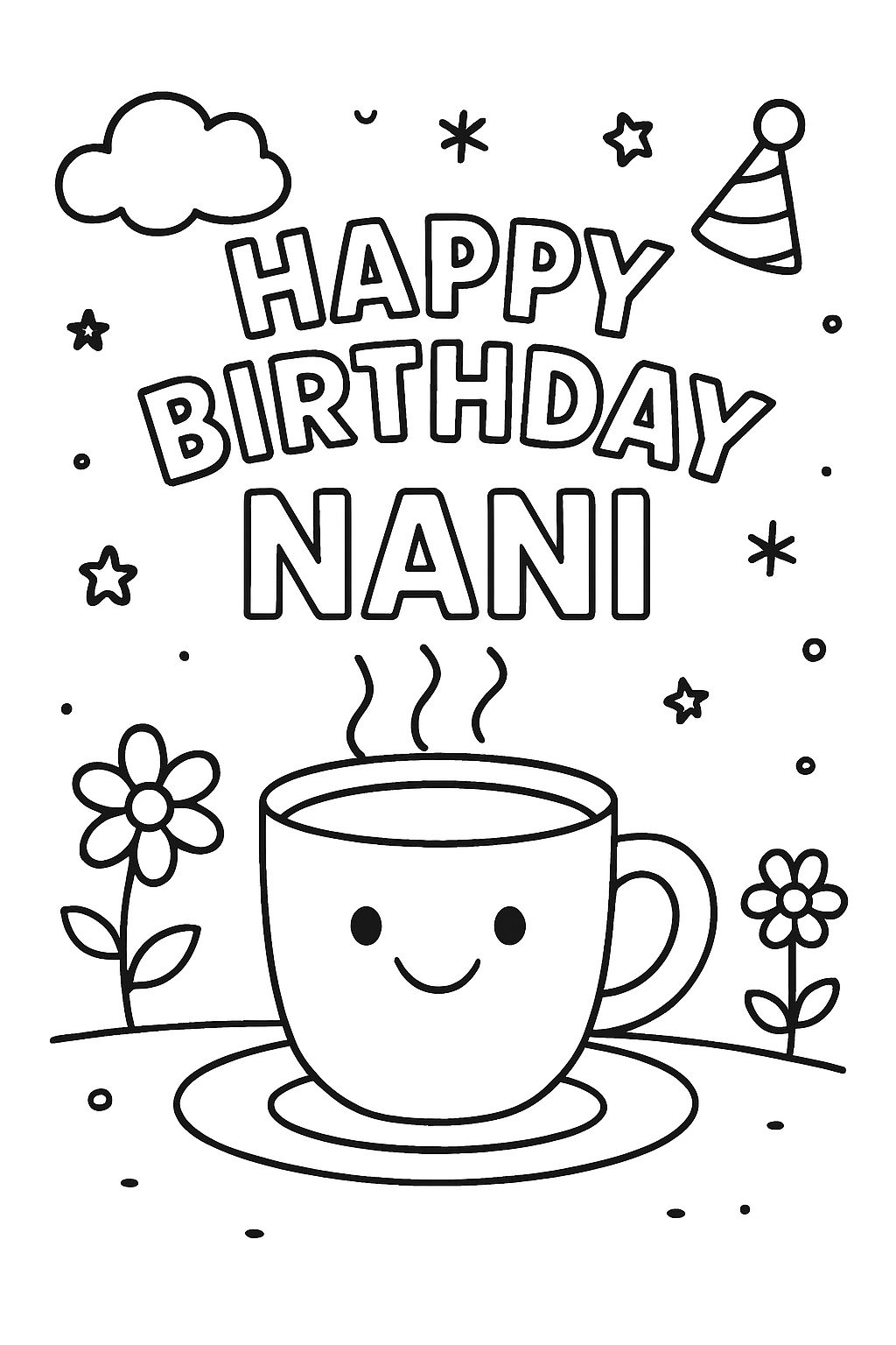 Une carte d'anniversaire joyeuse pour Nani avec un café d'anniversaire. Pas besoin d'avoir des gens.