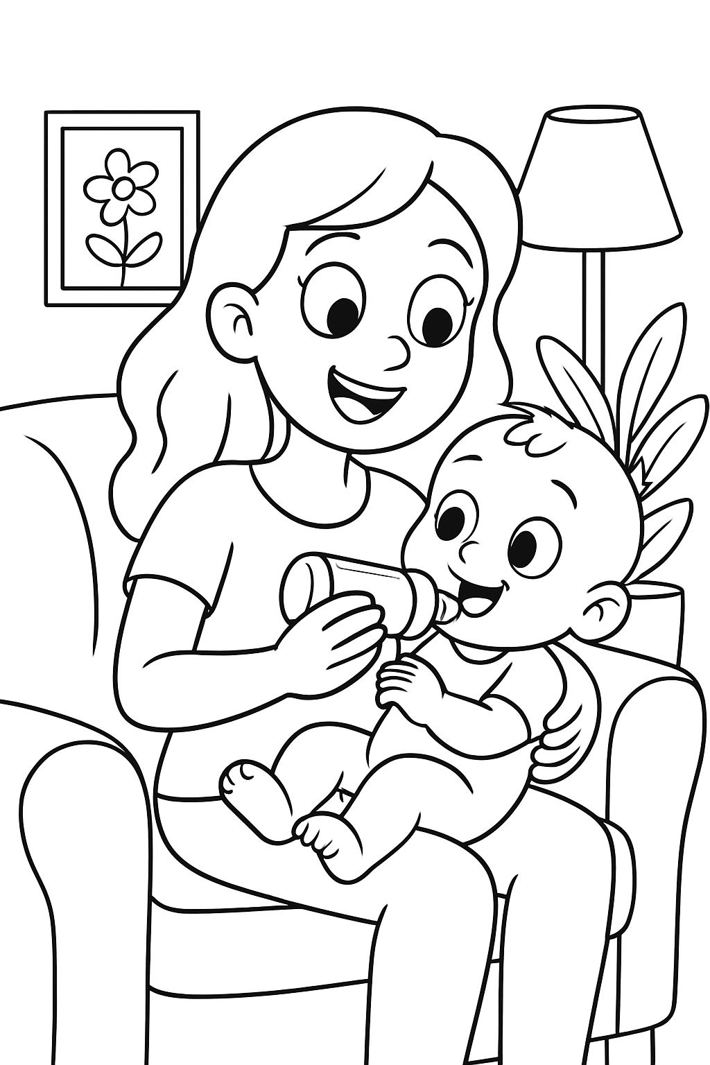 Baby drinking from bottle on mom's lap on the sofa