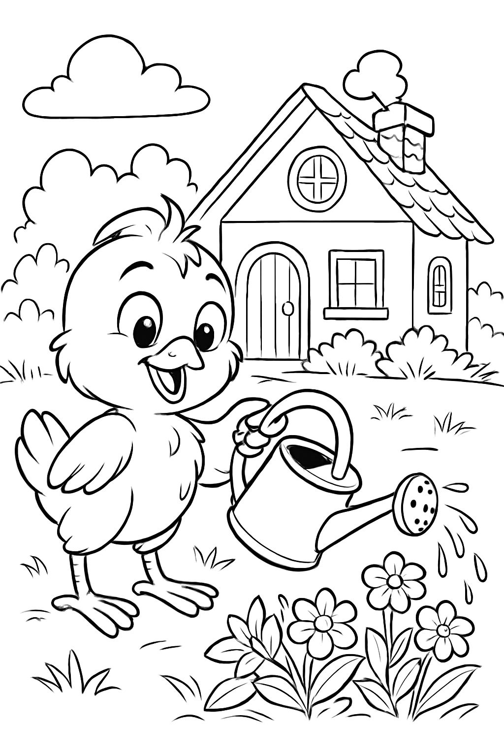 Pintinho 🐤 em uma casinha 🏠 está regando flores 🌺 no jardim Pintinho 🐤 em uma casinha 🏠 está regando flores 🌺 no jardim
