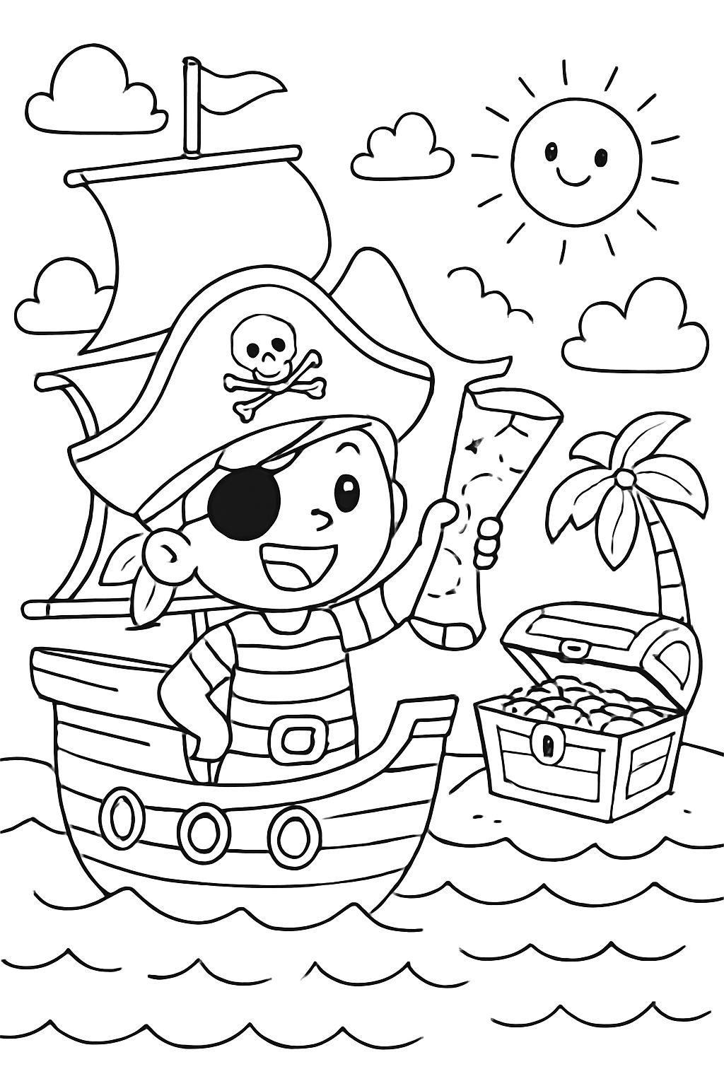 pirate ship with treasure and map