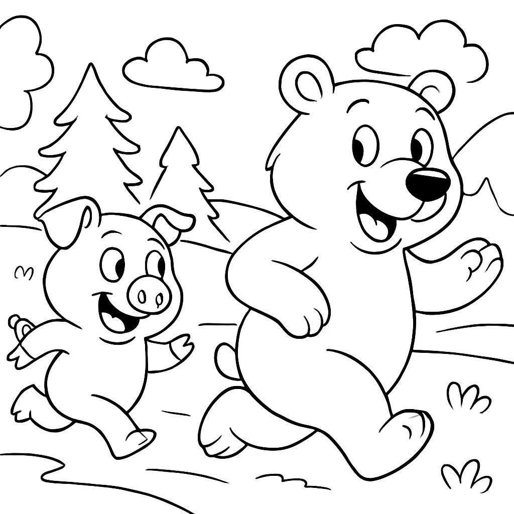 Um porquinho corre atrás de um urso polar. Um porquinho corre atrás de um urso polar.