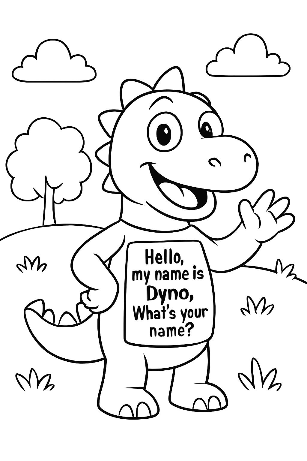 Ein Puppendinosaurier, der sagt: "Hallo, mein Name ist Dyno. Wie heißt du?"