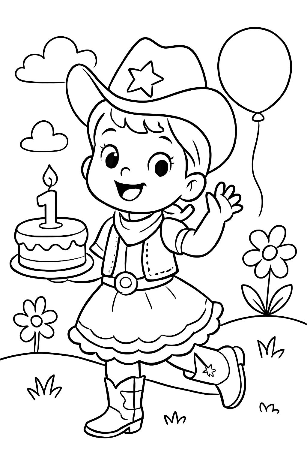 A birthday baby girl with cowgirl dress and cake with 1 year old.