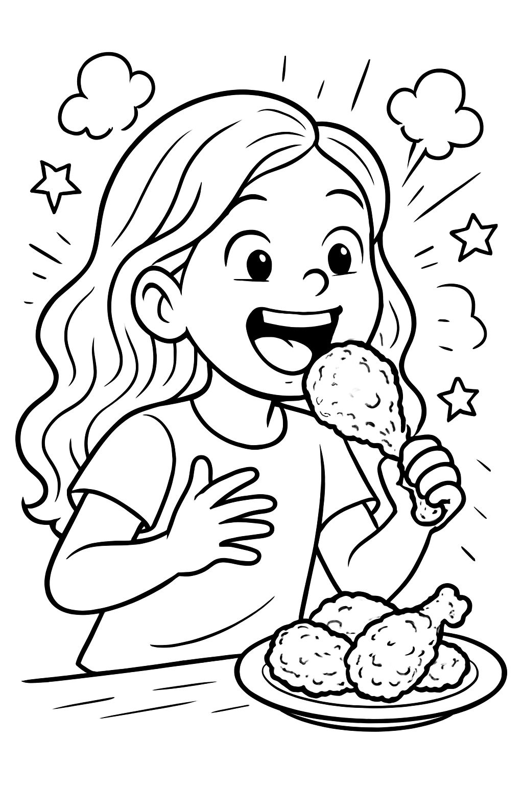 A girl with long wavy hair tasting chicken for the first time excited loves it.