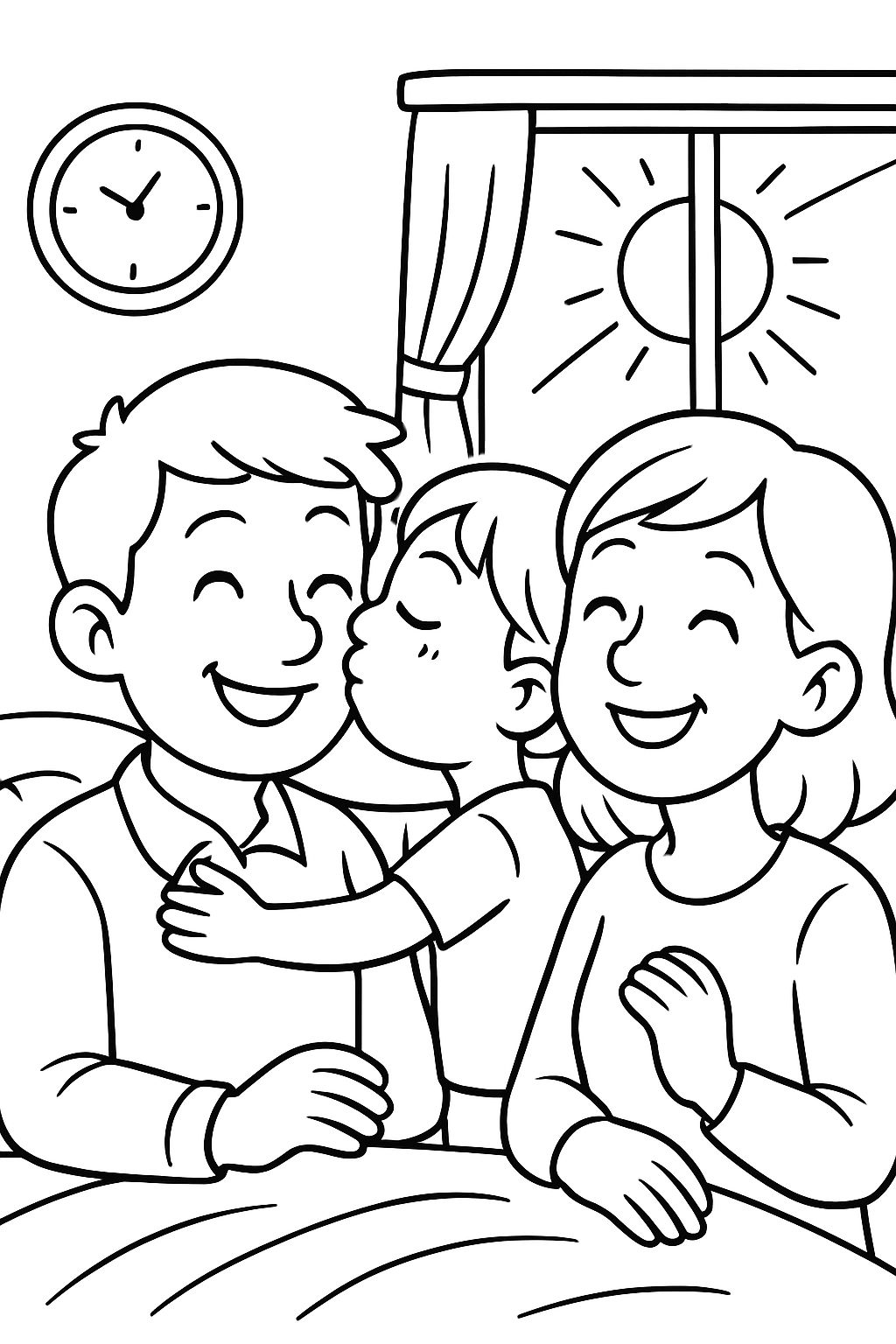 Menina beijando papai e mamãe de manhã