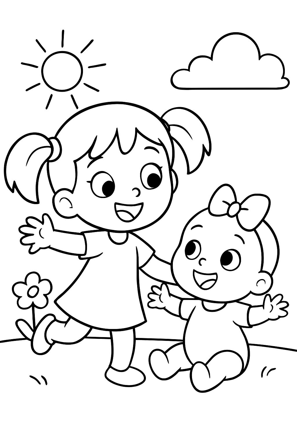 2 year old sister with pigtails and baby sister with a bow