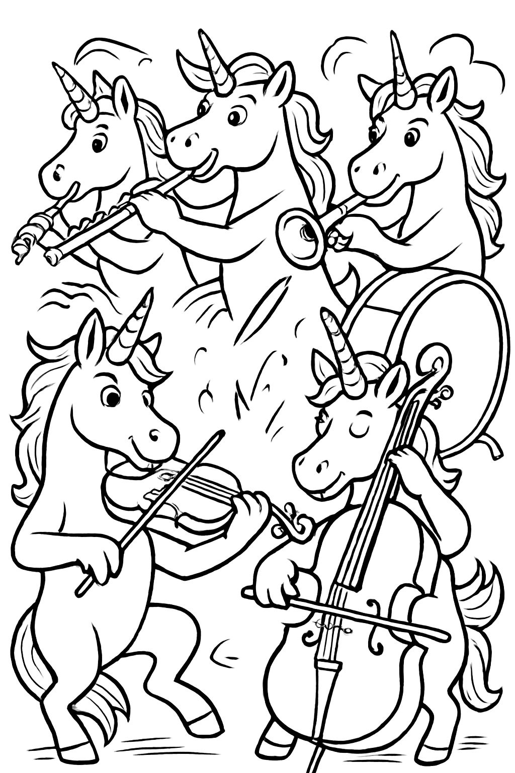 ein Orchester von Einhörnern, die Streichinstrumente, Flöte, Trompete und eine Basstrommel spielen