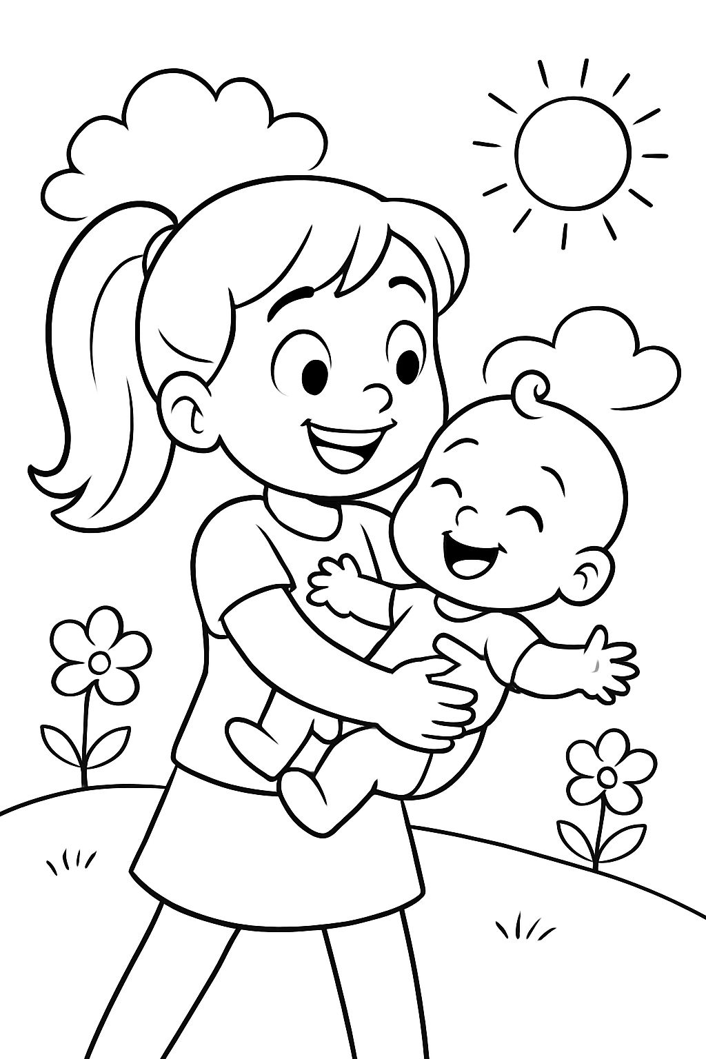 Older sister carrying baby brother.