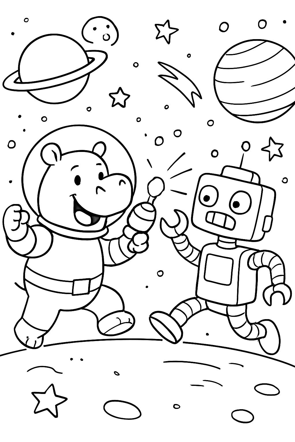 Ein Nilpferd kämpft gegen einen Roboter im Weltraum