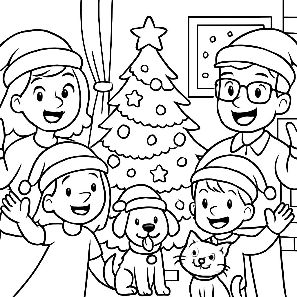 A dog and a cat celebrating Christmas with their family, consisting of a mother, father, daughter, and son. A dog and a cat celebrating Christmas with their family, consisting of a mother, father, daughter, and son.