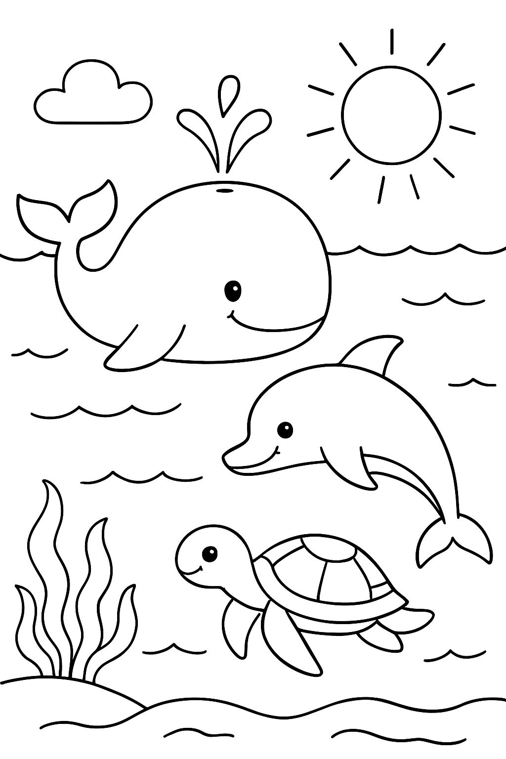 Whale with dolphin and turtle in the sea