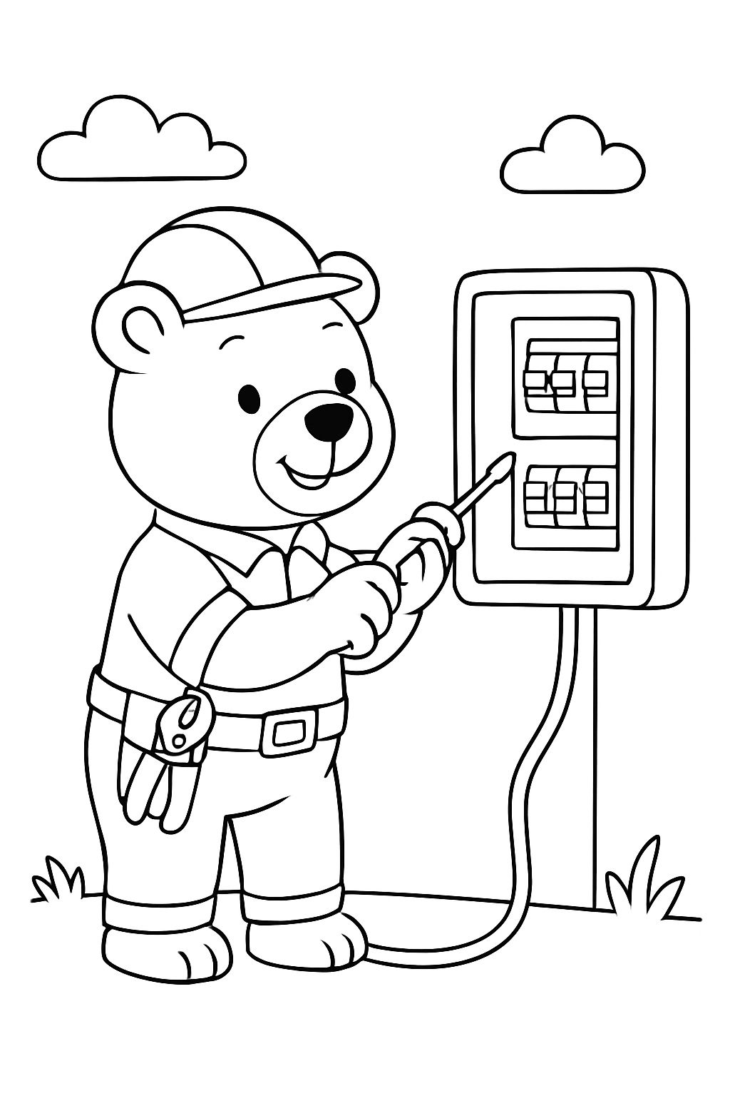 a bear who is an electrician connecting a fuse box