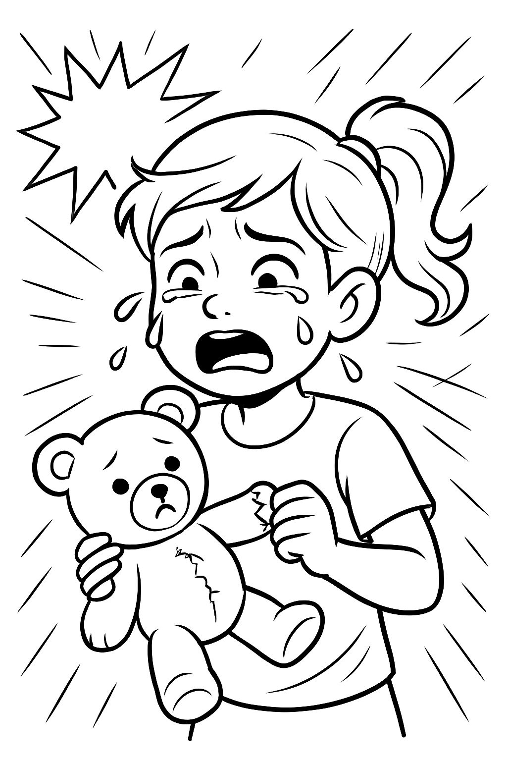 The girl is crying over her torn teddy bear.
