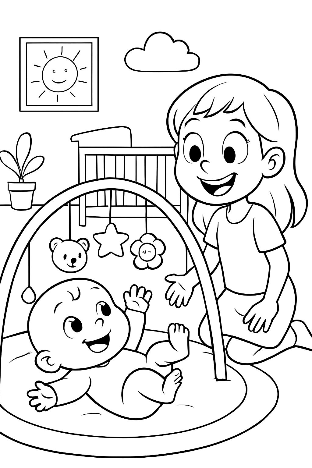 Un bébé sous le tapis d'éveil et à côté sa grande sœur