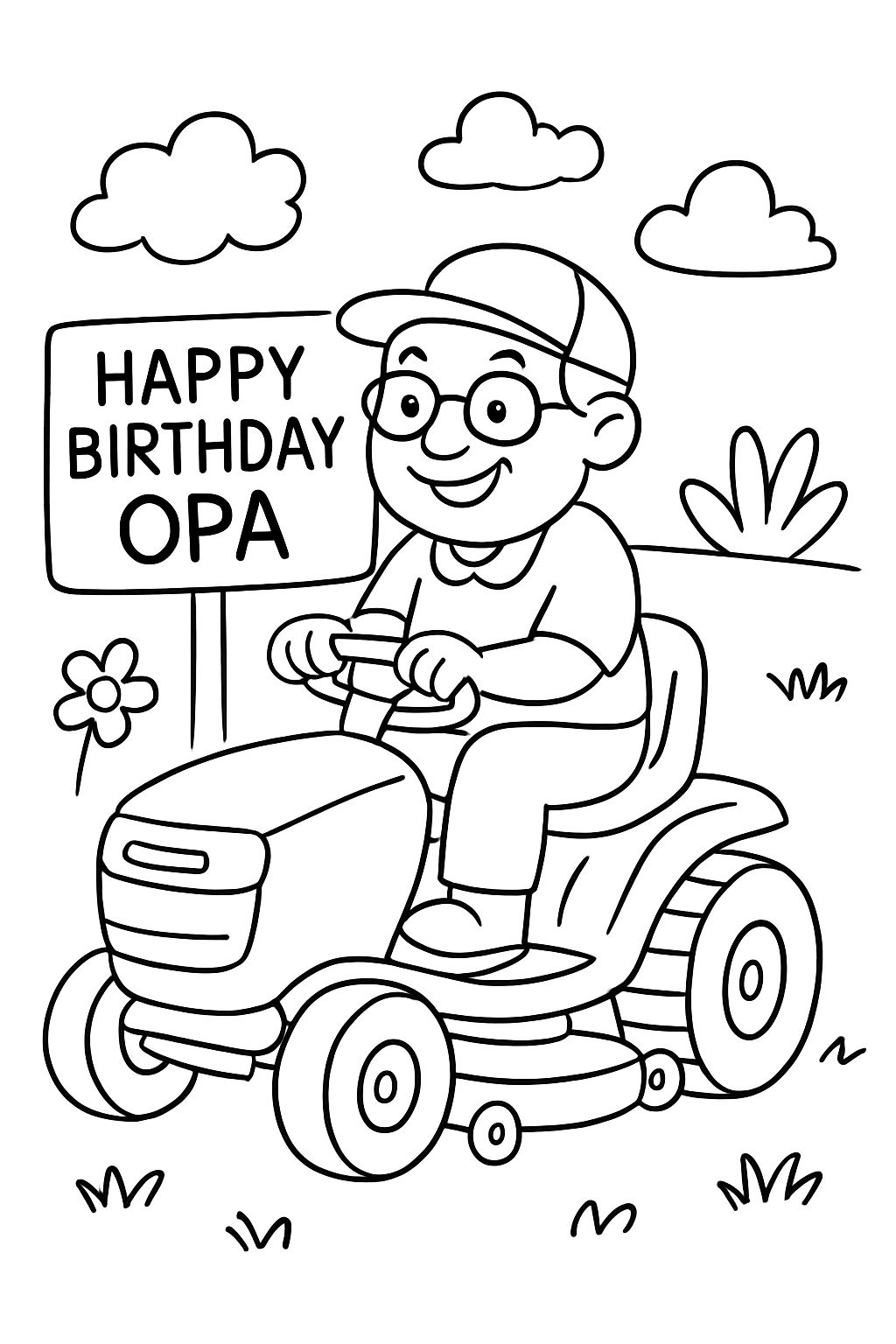 Riding lawn mower with the inscription Happy Birthday Grandpa