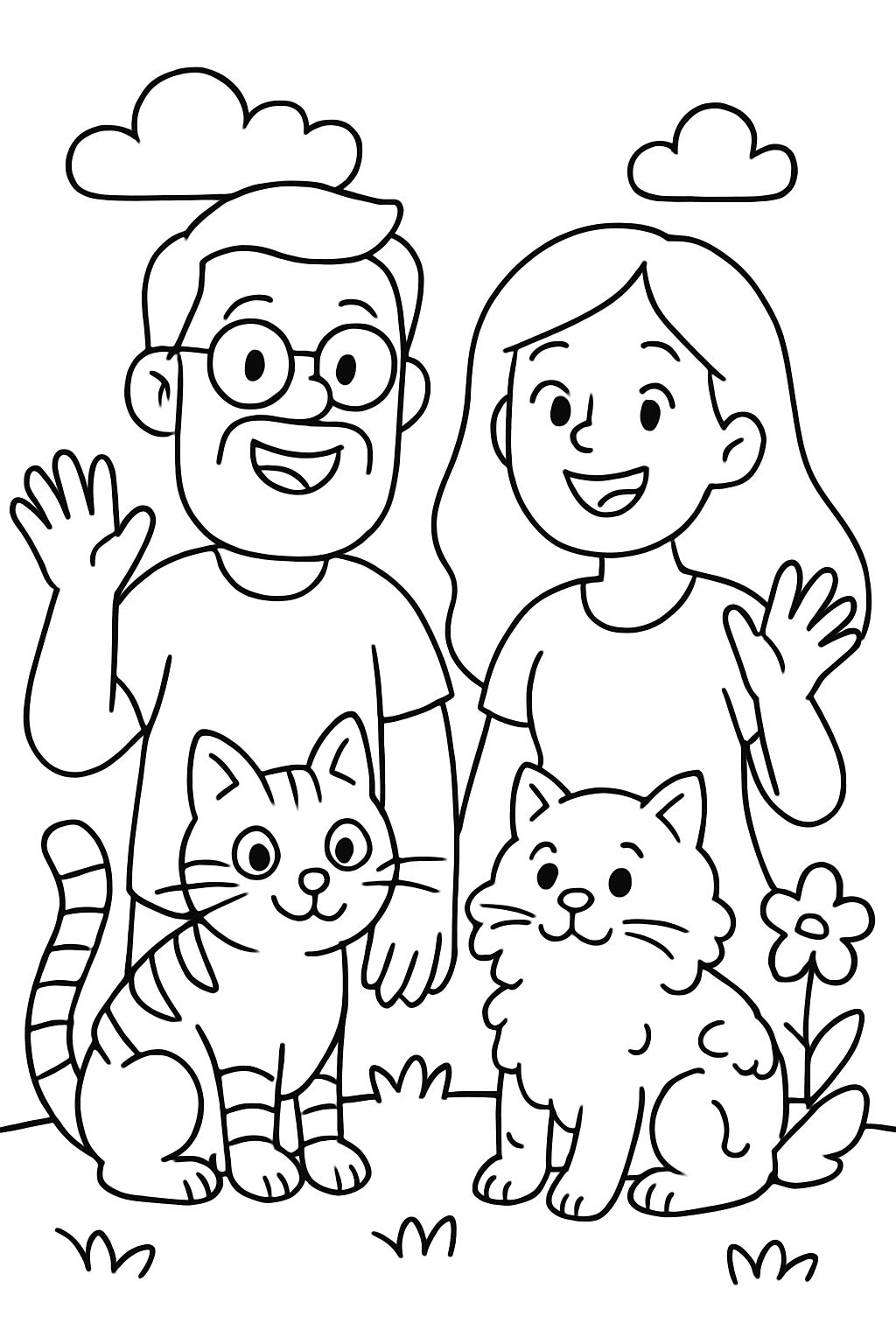 Homme avec des lunettes et une barbe. Femme avec de longs cheveux. Chat rayé et chat pelucheux avec des taches.
